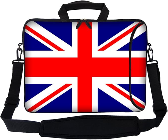 Meffort Inc 17 Inch Neoprene Laptop Bag with Extra Side Pocket, Soft Carrying Handle & Removable Shoulder Strap Fit 16" to 17.3" Size - UK Flag