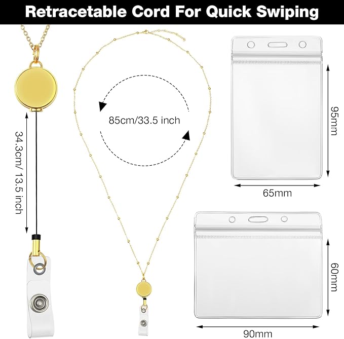 Outus 2 Pieces Badge Lanyard with ID Holders Stainless Steel Badge Holders Necklace Retractable Reel Clip Chain Water Resistant Name(Gold)