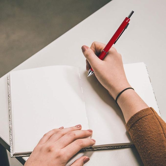 smttw 4 in1 Multi-Function Refillable & Retractable Ballpoint Pen + 0.5mm Mechanical Pencil, Fine Point, Red Metal Barrel, Black/Red/Blue Inks, Multicolor Pen With Metal Gift Box