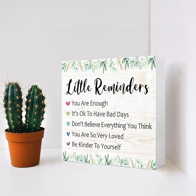 Little Reminders Desk Sign, Inspirational Decor, Morning Reminders Wooden Block Sign for Tabletop Shelf, College Motivational Positive Affirmation Gifts for Women