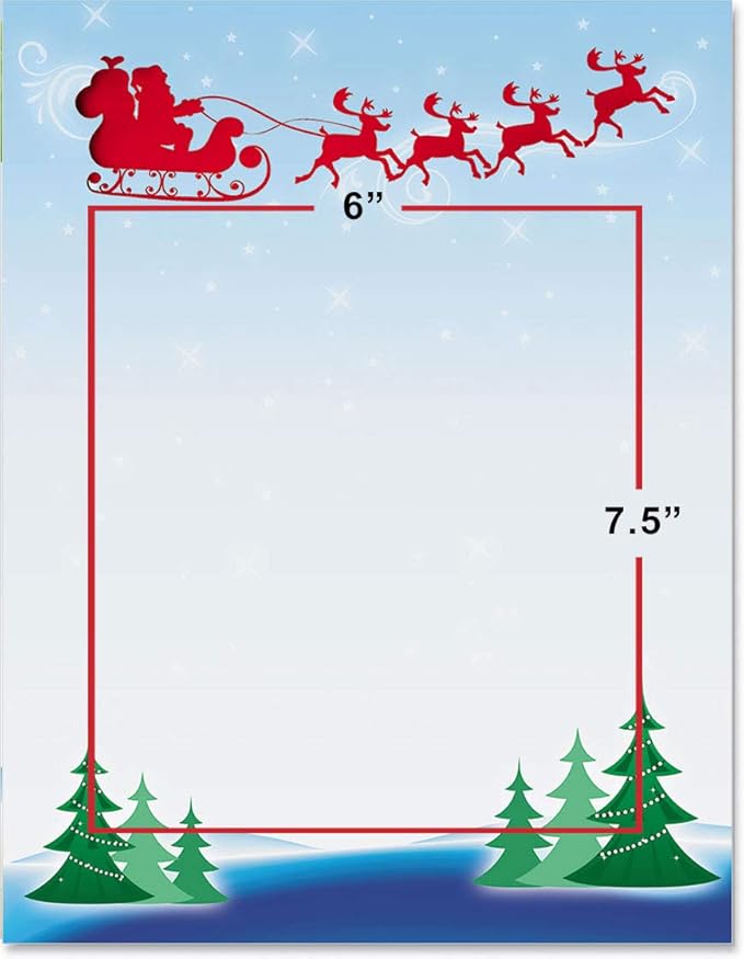 PaperDirect Red Flying Santa Sleigh Border Paper, Santa Sleigh Over Trees with Snowflake Background, 8.5 x 11, Acid-Free, Ideal for Invitations, Flyers, Crafts, Holiday Events, Cards, 25 Sheets