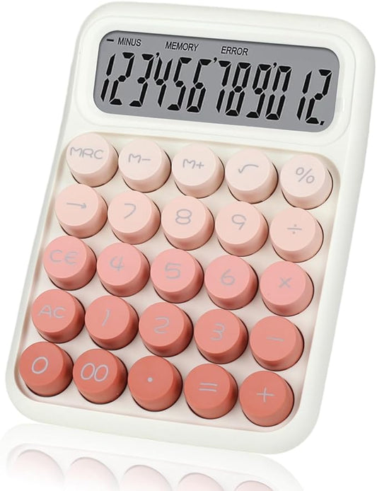 Mechanical Switch Calculator with Big Buttons, 12 Digits, Large LCD Display, Cute Pink Desktop Calculator, Aesthetic School Supplies for Office, School, Home & Business Use, Automatic Sleep (Pink)