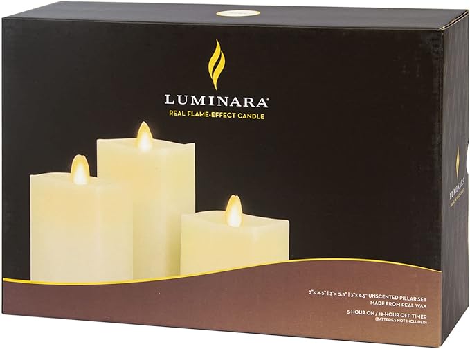 Luminara Realistic Flameless LED Set of 3 Ivory Pillar Candles, Home Safe Moving Flame Melted Top Illumination, Battery Operated Remote Control w/Timer