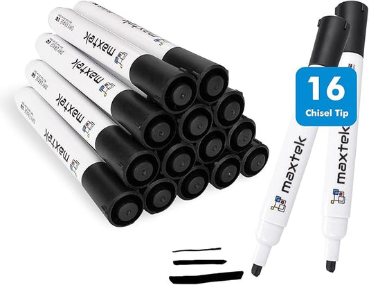 maxtek Black Dry Erase Markers, 16 Count Chisel Tip Markers Dry Erase, Low Odor White Board Markers, Perfect for School, Offices, Home