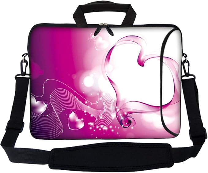 Meffort Inc 17 Inch Neoprene Laptop Bag with Extra Side Pocket, Soft Carrying Handle & Removable Shoulder Strap Fit 16" to 17.3" Size - Pink Red Heart