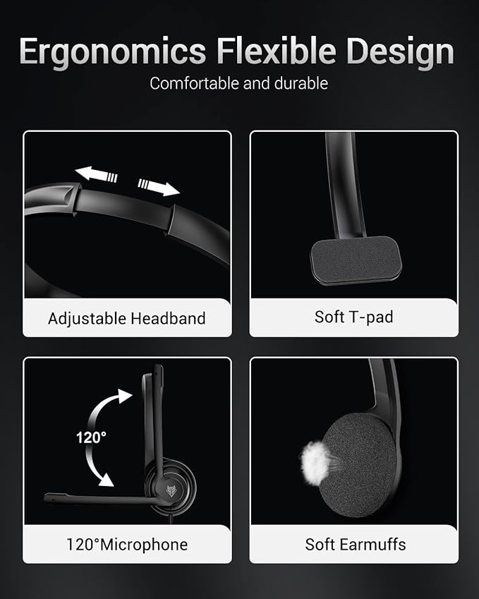 NUBWO HW02 USB C/3.5 Headset with Microphone,Computer Headset with in-line Mute & Volume Control,Wired Headset for Laptop,Skype,Zoom,Call Center,Meetings,Webinar,Home, Black, HW02C-WY-NUBWO-BLACK