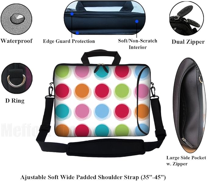 Meffort Inc 17 Inch Neoprene Laptop Bag with Extra Side Pocket, Soft Carrying Handle & Removable Shoulder Strap (Polka Dots)
