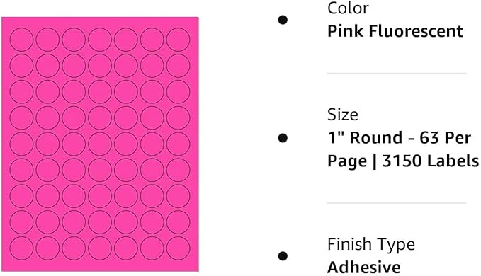 Pack of 50 Sheets, 8-1/2 x 11" Fluorescent Labels for Laser & Inkjet Printer (Pink Fluorescent, 1" Round - 63 per Page, 3150 Labels)