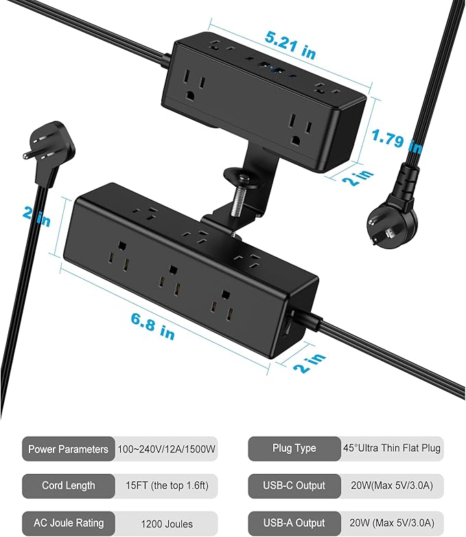 Dual Layer Desk Clamp Power Strip, 19 in 1 Desktop Edge Mount Surge Protector with 4 USB Ports(2 USB-C) & 15 AC Outlets, Ultra Thin Flat Plug & 15FT Power Cord for Office Home(ETL Listed)