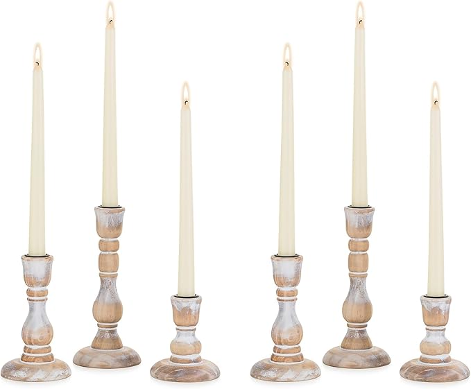 NUPTIO Rustic Candlestick Holders for Decor: Set of 6 Wood Taper Candles Holder - Vintage Candle Stick Tapered Holders for Fall Christmas Party Holiday Home Table Centerpiece