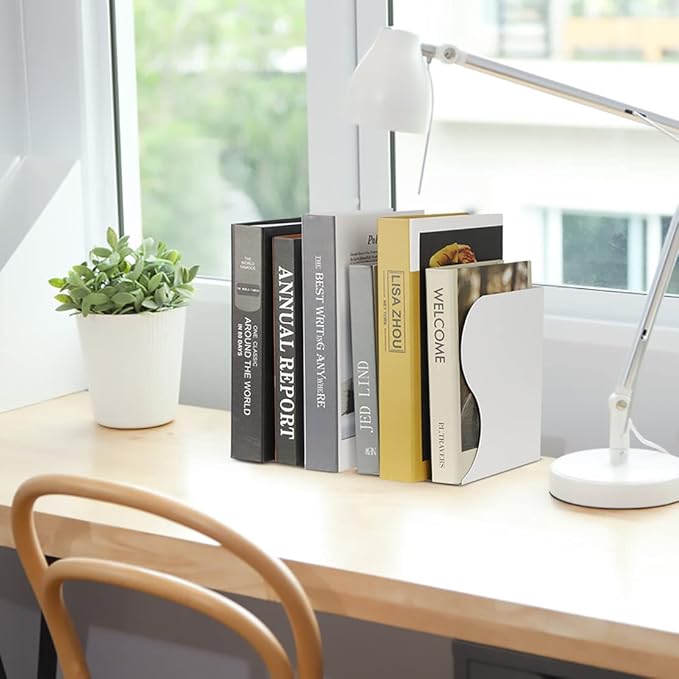 Olebes Adjustable Book Ends, Metal Iron Non Skid Boo kends, Expandable Bookcase Bookend Stand Holder Book Storage Rack, Heavy Bookends for Office Desk, Shelf, Stationery (White)