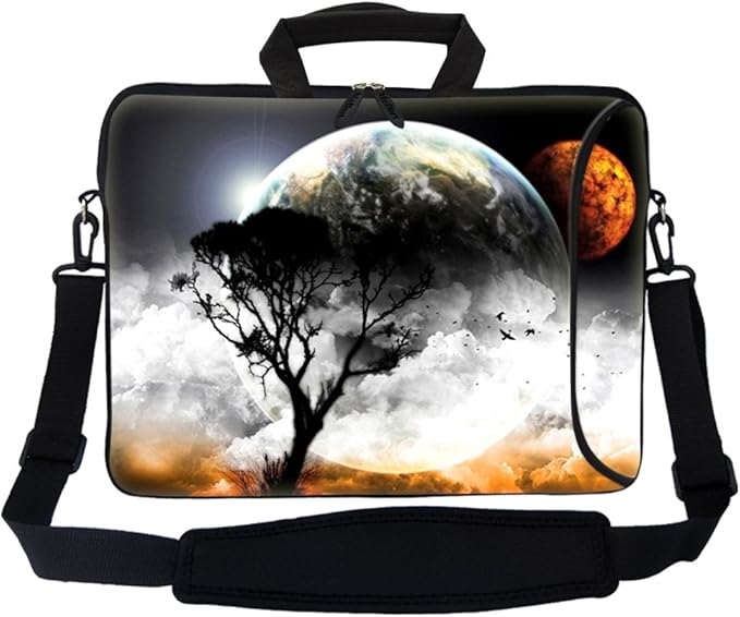 Meffort Inc 17 Inch Neoprene Laptop Bag with Extra Side Pocket, Soft Carrying Handle & Removable Shoulder Strap Fit 16" to 17.3" Size - Planet View