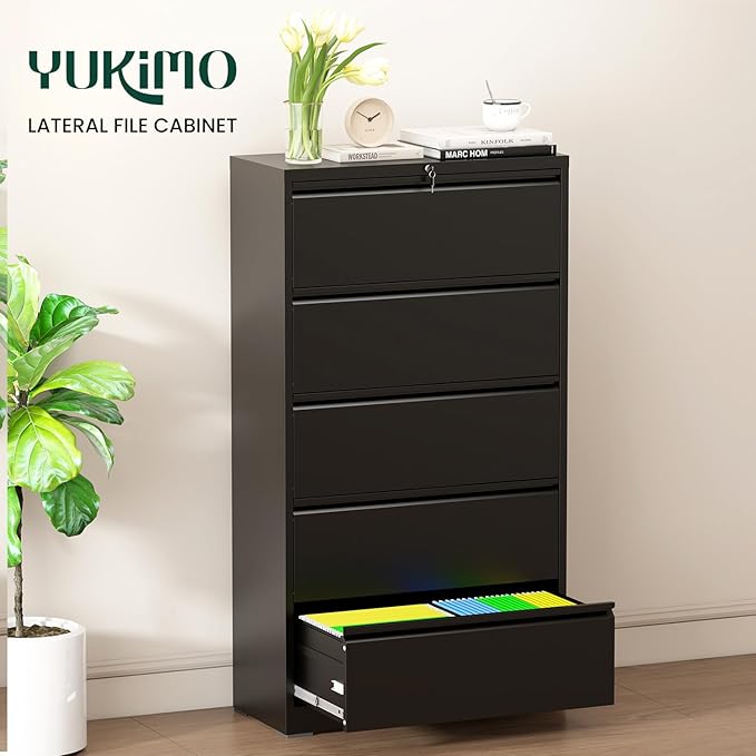 Lateral File Cabinet 5 Drawer, Metal File Cabinets for Home Office Legal/Letter A4 Size, Filing Cabinet with 5 Lock, Require Assembly, Black
