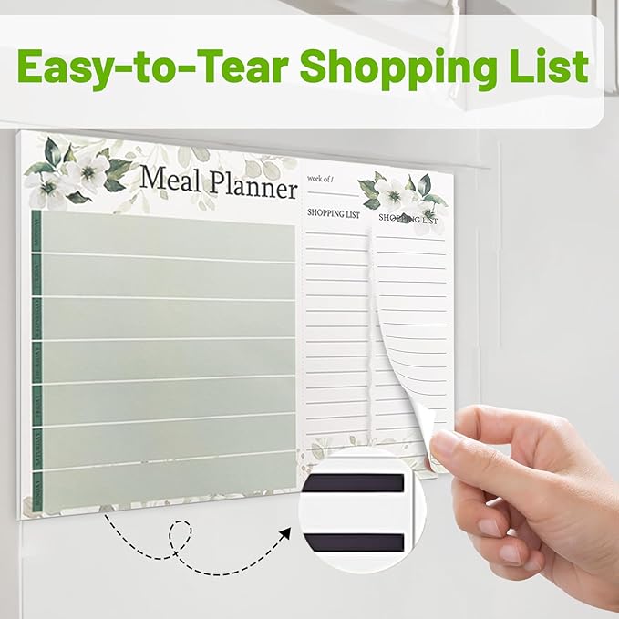 Meal Planner and Grocery List, For Weekly Meal Planner Grocery List, Magnet Pad for Fridge To Do List Notepad, 52 Undated Sheets Meal Planning Pad with 104 Tear Off Shopping List (flowers)