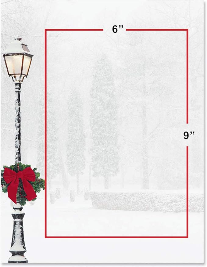 PaperDirect Winter City Elegance Border Paper, Snowy Street Scene with Lamp Post and Christmas Wreath, 8.5 x 11, Acid-Free, Ideal for Holiday Invitations, Flyers, Cards, 100 Sheets