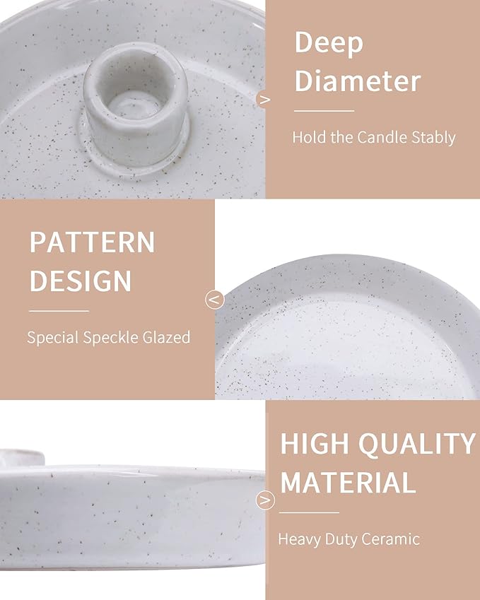 DN DECONATION White Ceramic Candle Holders, Modern Candlestick Holder with Tray, Boho Candle Holder, Unique Round Stoneware Candle Holder for Taper Candles, Halloween Christmas Fall Decor