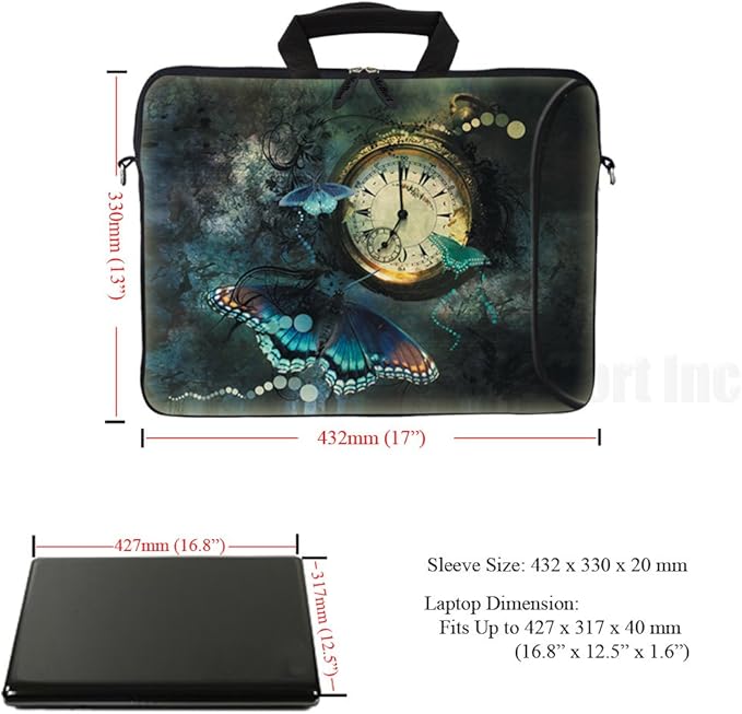Meffort Inc 17 Inch Neoprene Laptop Bag with Extra Side Pocket, Soft Carrying Handle & Removable Shoulder Strap Fit 16" to 17.3" Size - Clock Butterfly