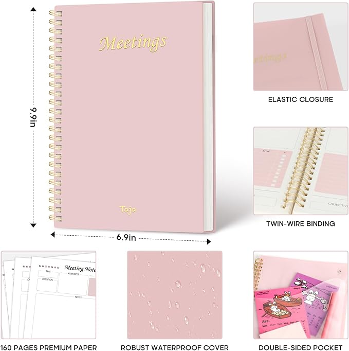 Meeting Notebook For Work Organization - Work Planner Notebook With Action Items, Agenda Planner For Note Taking, 160Pages (6.9" X 9.9") Project Planner For Men & Women - Pink