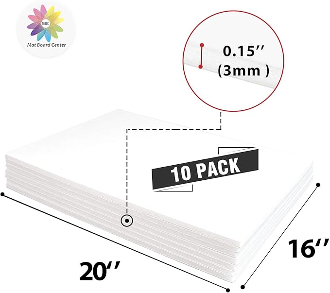 Mat Board Center, Pack of 10 Acid-Free Foam Boards, 16x20 inch White Foam Boards, 1/8" Thick