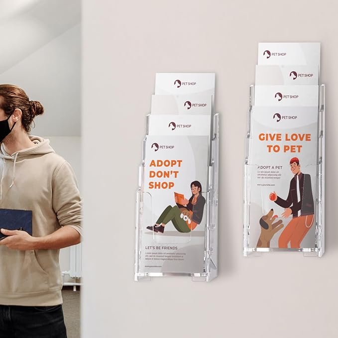 MaxGear Acrylic Brochure Holder, 4-Inch Wide 4 Tier Clear Literature Holder Premium Acrylic Pamphlet Holder Multi Pocket Brochure Display Stand, Wall Mount or Counter Top Use(2 Pack)