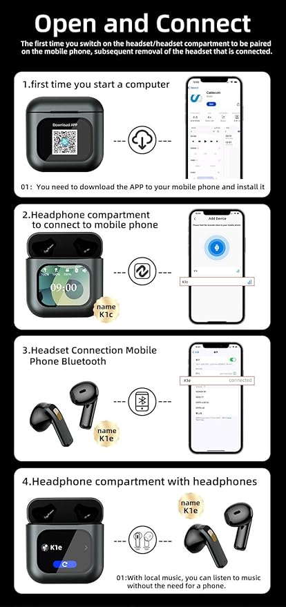 Bluetooth Smart Touch Earbuds, Customizable Screen Saver, MP3 Player, Control Social Media, Calls, messeging, ENC Noise Reduction, Built-in mic, Advanced V5.3 Technologies (Black)