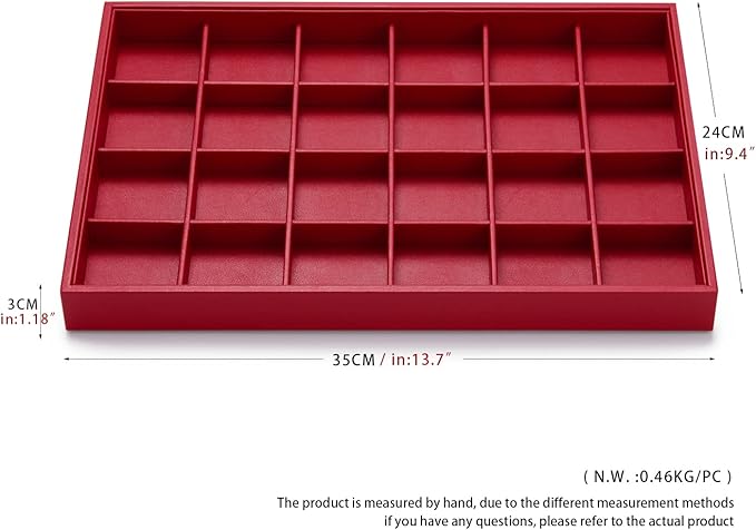 Oirlv Gorgeous Red Leather 24 Gird Jewelry Tray Stackable Jewelry Drawer Organizer Rings Earrings Organizer Storage