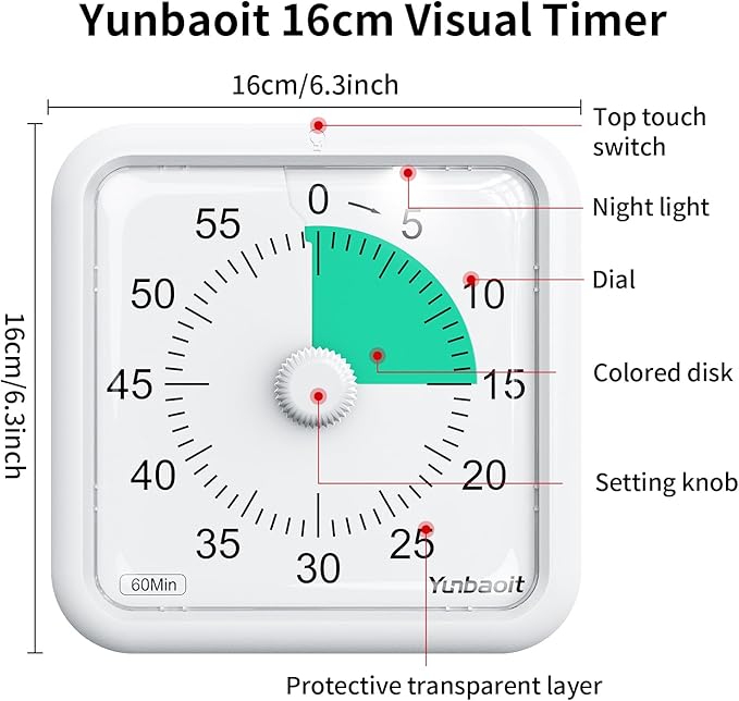 Yunbaoit 16cm Classroom Visual Timer with Optional Alert Modes, 60 Minute Oversize Visual Countdown Timer for Kids and Adults, Silent Magnetic Kitchen Timer with Kickstand(White Green)