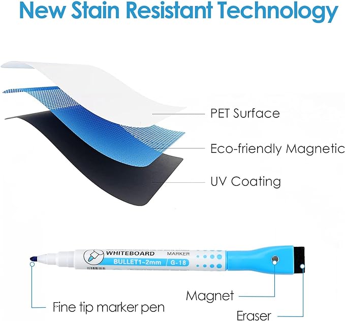 MaxGear 16 X 12 inch Magnetic Dry Erase Whiteboard for Refrigerator, Fridge Whiteboard Sheet Fridge Shopping List Office Notice Board with New Stain Resistant Technology (Include 1 Eraser,6 Markers)