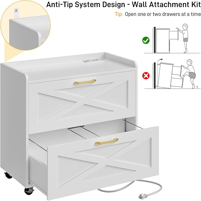 Lateral File Cabinet 2 Drawer Mobile File Cabinet with Charging Station for Legal/Letter/A4 Size Hanging Files, Modern Farmhouse Large Wood File Storage Cabinet for Home Office Furniture(Simple White)