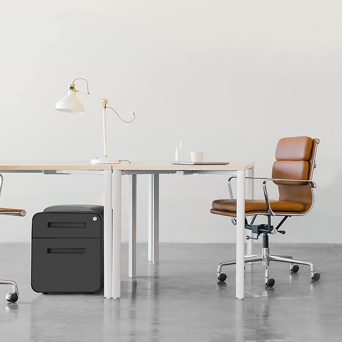 Laura Davidson Furniture STOCKPILE Mini Seated 2 Drawer Mobile File Cabinet with Removable Magnetic Cushion Seat - Short Version, Metal Filing Cabinet, Pre-Assembled, Black with Grey Cushion