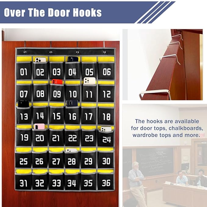 Loghot Numbered Classroom Sundries Closet Pocket Chart for Cell Phones Holder Wall Door Hanging Organizer (36 Pockets Black 2Pc)