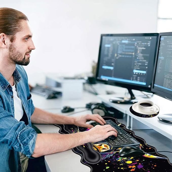 Large Mouse Pad and Keyboard Wrist Rest, Desk Pad for Keyboard and Mouse, 4-in-1 Large Gaming Mouse Pad with Wrist Support, Desk Mat for Home Office Study Game-Colorful Highland Cow