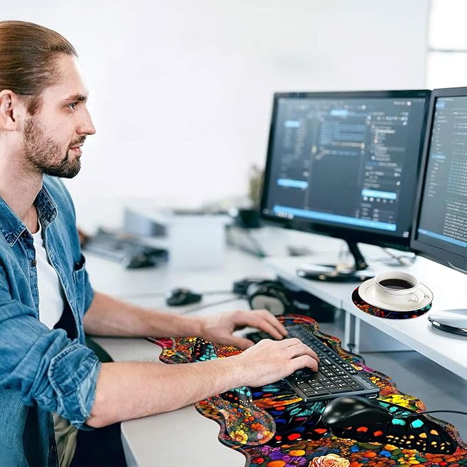 Large Mouse Pad and Keyboard Wrist Rest, Desk Pad for Keyboard and Mouse, 4-in-1 Large Gaming Mouse Pad with Wrist Support, Desk Mat for Home Office Study Game-Vibrant Butterfly On Flowers