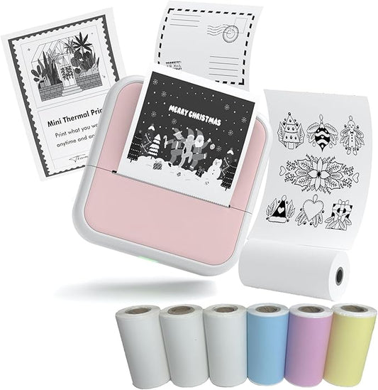 Mini Printer Sticker Printer Bluetooth for Phone Portable Thermal Print for Photo,Note,Journal,Memo,with 6 Rolls Thermal Paper(Pink)