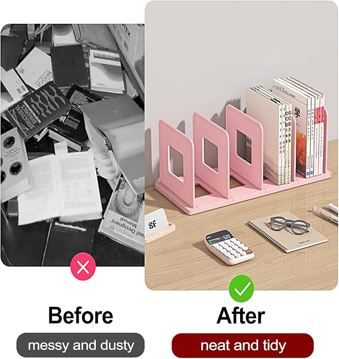 Lemical 4 Section Divider File Folder Holder Desk Book Organizer Desktop Bookshelf File Organizer Portable Plastic Kitchen Under Sink Organizer Pot Rack Handbag Sorter (Pink)