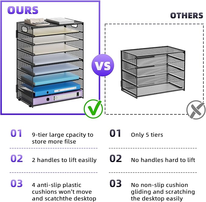 Marbrasse Paper Organizer Letter Tray, 9 Tier Mesh File Organizer with Handle, Paper Sorter Desk Organizer for Home Office Supplies - 2P