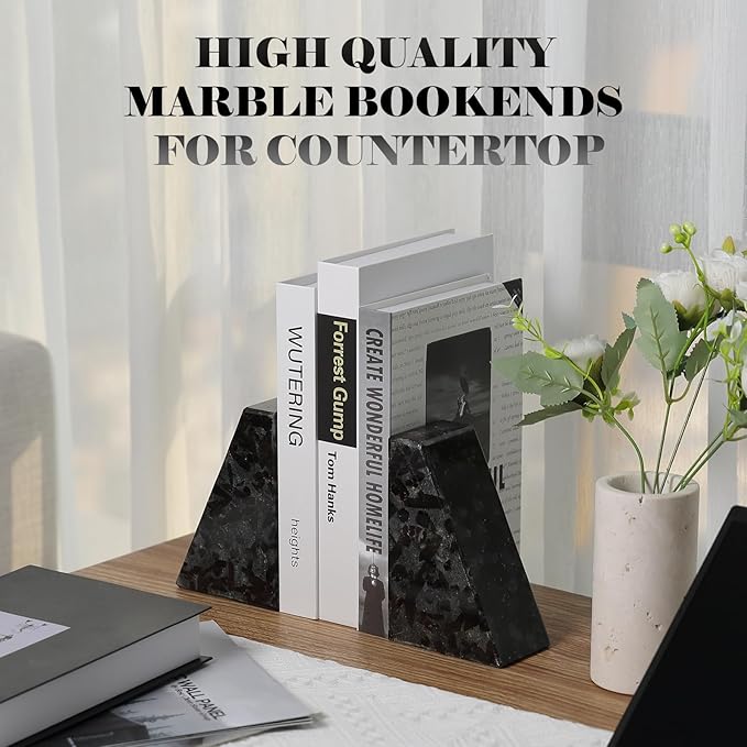 Marble Bookend for Heavy Books, Decorative Bookends for Shelves, Durable and Heavy-Duty Book End for Hardback Book & CDS, Unique Book Stopper & Holder, Meteorus, Set of 2