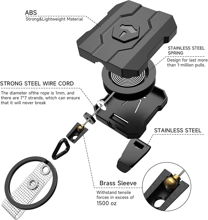 Retractable Keychain Badge Holder with Belt Clip, Heavy Duty Carabiner ID Badge Clip Reel, 32” Steel Retractable Cord, 10 oz Rebound,1pcs Black Belt Clip