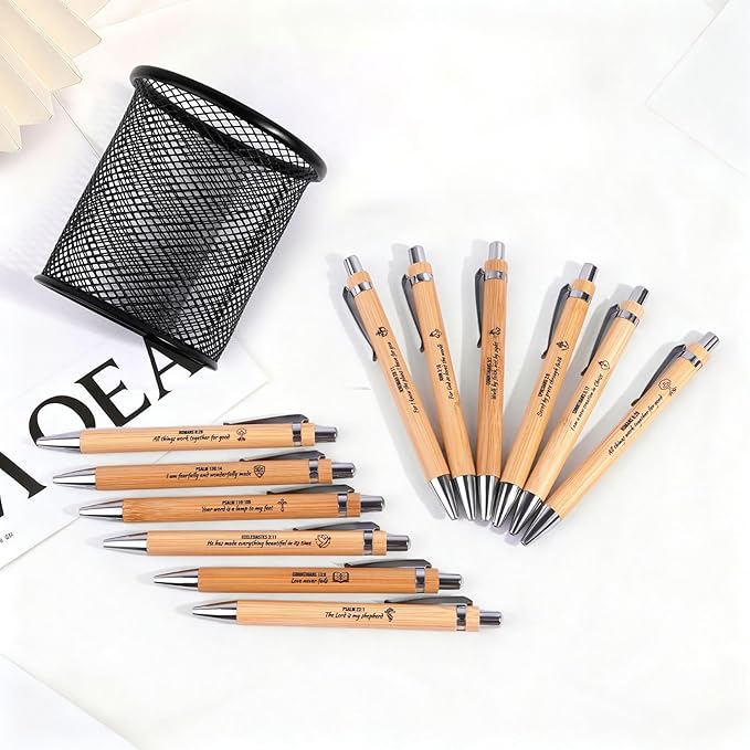 12 PCS Bamboo Bible Design Pens with Inspiring Text, Pen Set with 12 Ink Refills & 1 Black Pen Holder, Smooth Black Ink Ballpoint Pens for Church Staff, Gift for Women & Men
