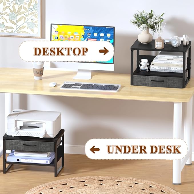 MARTY Printer Stand with Storage Drawer for Desk, 2-Tier Desktop Printer Stand Shelf Organzier for Home Office Printer Riser Under Desk Small Printer Table for Fax Machine Copier Scanner (Black)