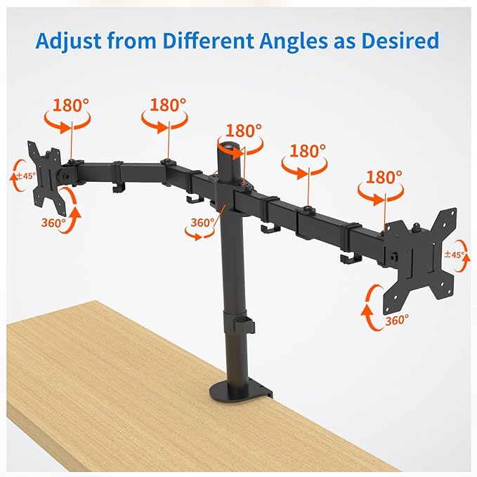 H&C(hcck&Cllassp) Dual Monitor Mount, Monitor Arm with Swivel, Tilt, Rotation, Height Adjustable, VESA Mount for 17-27” Monitors up to 17.6lbs, Desk Mount with C-Clamp, Black