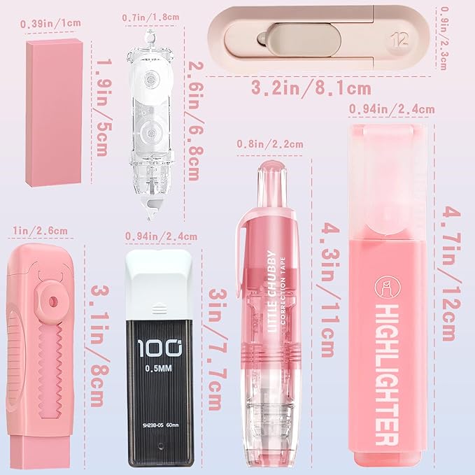 11 Pcs Cute Stationery Set Kawaii Office School Supplies Including Gel Pens Erasable Pens 6-in-1 Multicolor Ballpoint Pens Highlighters Mechanical Pencil Erasers Correction Tape Utility Knife (Pink)