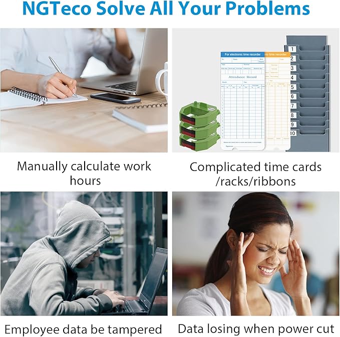 NGTeco Fingerprint Time Clock, W2 Biometric Employee Attendance Machine for Small Businesses and Offices, Fingerprint Scanner, 2.4GHz LAN WiFi Connectivity, iOS/Android App (No Monthly Fee)