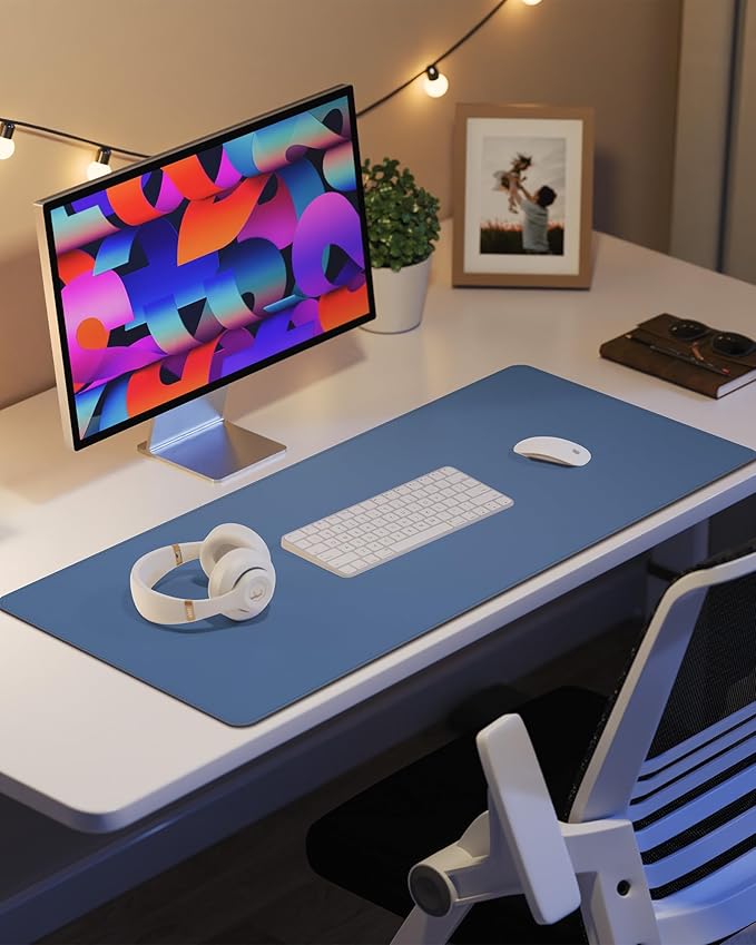 Leather Desk Pad Protector, Mouse Pad, Office Desk Mat, Non-Slip PU Leather Desk Blotter, Laptop Desk Pad, Waterproof Desk Writing Pad for Office and Home (Grey Blue, 31.5" x 15.7")