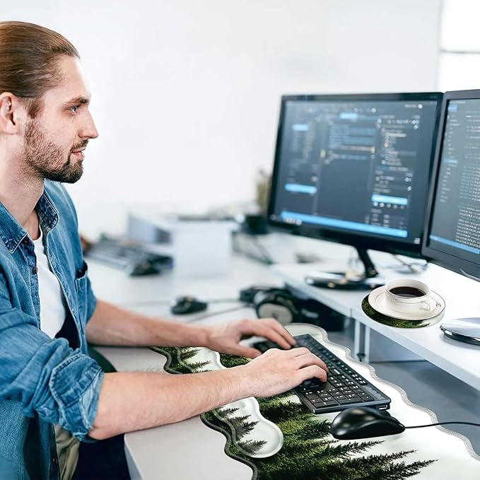 Large Mouse Pad and Keyboard Wrist Rest, Desk Pad for Keyboard and Mouse, 4-in-1 Large Gaming Mouse Pad with Wrist Support, Desk Mat for Home Office Study Game-Forest