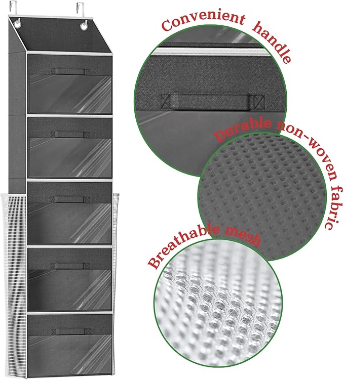 Ofiray-home Over Door Wrapping Paper Organizer Storage with 5 Removable Drawers & 2 Large Side Pockets for Gift Wrap Rolls Wrap Storage for Ribbons, Bows, Ornaments and Tools