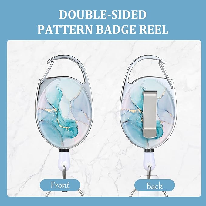 Badge Reels Retractable,Double Sided Color Print Pattern Retractable Badge Holders,with Retractable Keychain, Badge Clip and Key Ring,Durable Nylon Retractable Rope,Green Marble