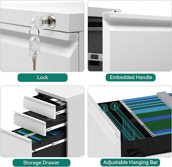 YITAHOME 3-Drawer Vertical File Cabinet, Mobile Metal Filing Cabinet with Lock for Legal/Letter Size, Pre-Built Office Storage File Cabinet Except Wheels Under Dese, White