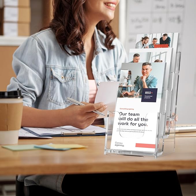 MaxGear Acrylic Brochure Holder, 4-Inch Wide 3 Tier Brochure Display Stand Clear Literature Holder Premium Acrylic Pamphlet Holder Multi Pocket, Wall Mount or Counter Top Use(2 Pack)