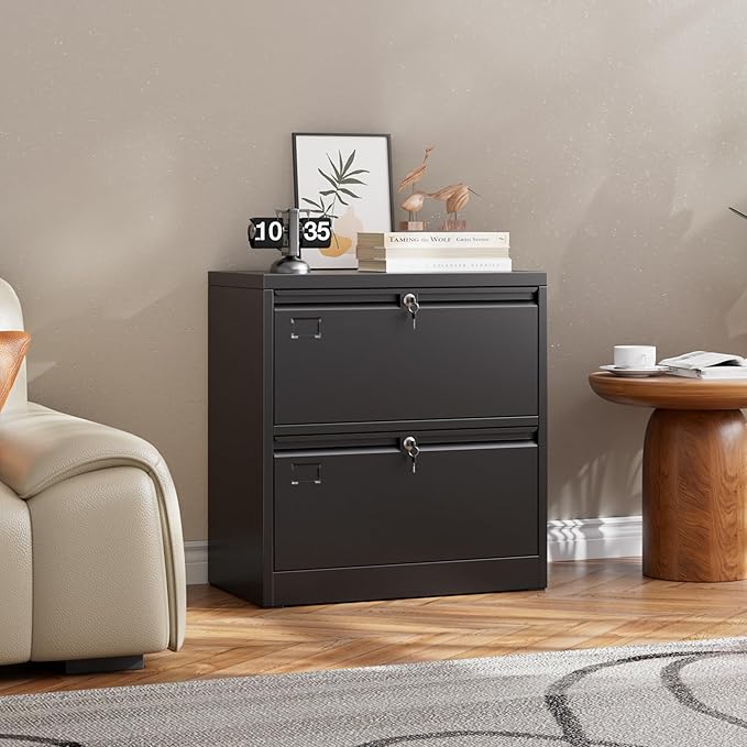 METAN Upgrade Metal 2 Drawer Lateral Files Cabinet for Home Office, Lockable Steel Wide File Storage Cabinet for Hanging Legal/Letter A4 Size, Assembly Required, Black